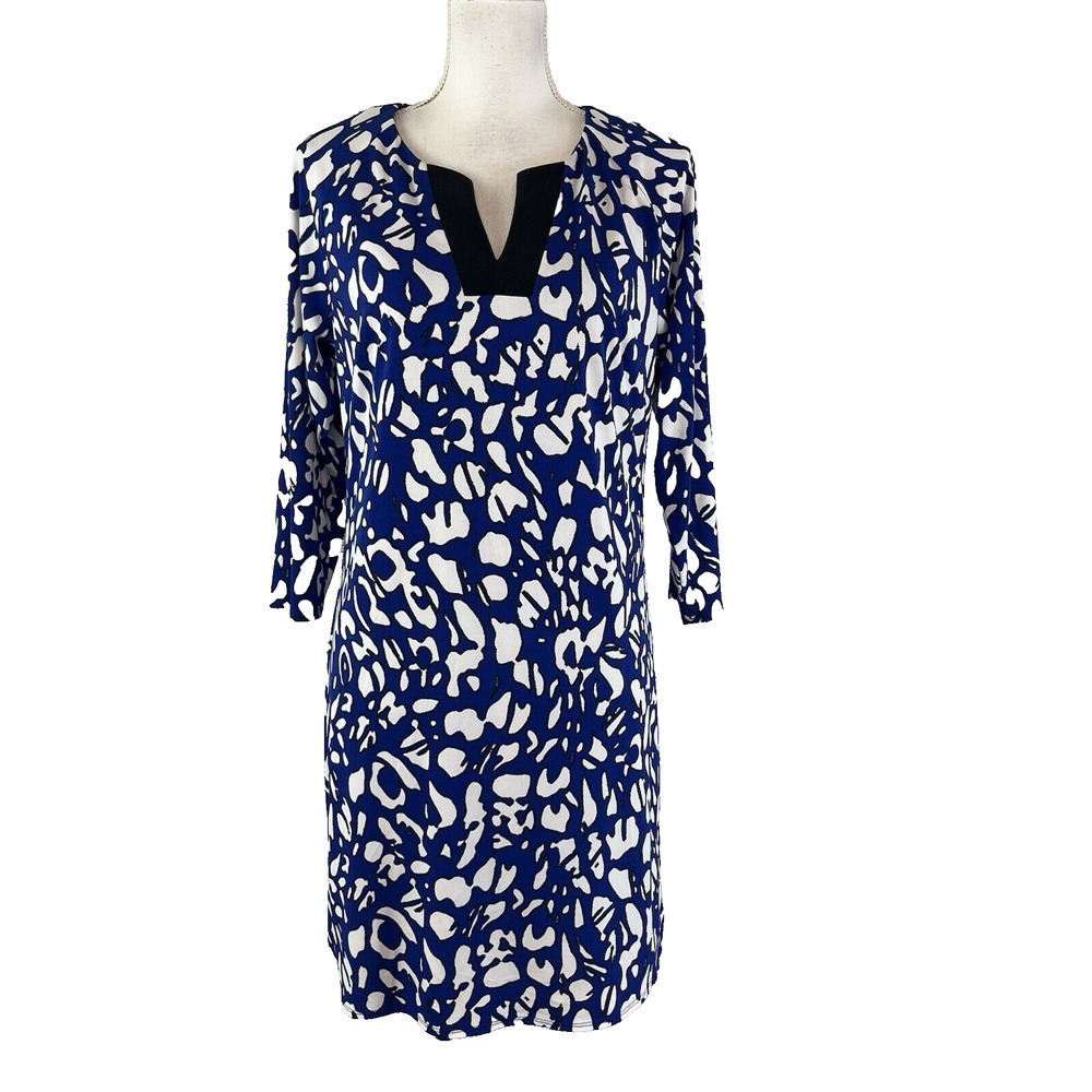 Laundry Shelli Segal Dress size Medium Blue Black Slinky Straight Knee Stretch
